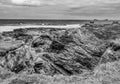 The rocky beach of Bedruthan Steps in Cornwall - an amazing landmark at the Cornish Coast Royalty Free Stock Photo