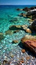 A rocky beach with clear water and rocks in the foreground Royalty Free Stock Photo
