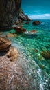 A rocky beach with clear water and rocks in the foreground Royalty Free Stock Photo