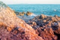 Rocky beach and crystal turquoise water of Ionian Sea in Albania. Calm and relaxing view