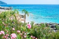 Rocky beach and crystal turquoise water of Ionian Sea in Albania. Calm and relaxing view