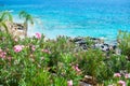 Rocky beach and crystal turquoise water of Ionian Sea in Albania. Calm and relaxing view