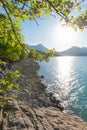 Rocky beach lake Walchensee, evening sun, view through branches of blooming apple tree Royalty Free Stock Photo