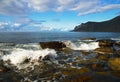 Rocky Beach Landscape Beautiful Seaside View Of Waves and mountains. Evening Seascape Cloudy Ocean Coast after Sunset