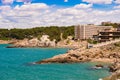 Rocky beach in Salou, Tarragona, Catalunya, Spain. Copy space for text.