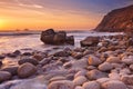 Rocky beach at sunset, Porth Nanven, Cornwall, England Royalty Free Stock Photo