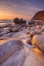 Rocky beach at sunset, Porth Nanven, Cornwall, England