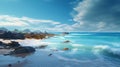 A rocky beach with turquoise water and dramatic clouds creating a picturesque seascape view Royalty Free Stock Photo