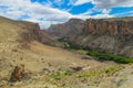 Rocky canyon small river and green oasis valley