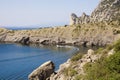 Rocky Cape on the black sea coast with a quiet picturesque Bay.