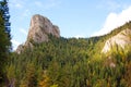 Rocky ceahlau peak in bicaz gorge and red lake