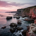 rocky cliffs at sunset with pink clouds in the sky