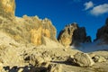 Rocky cliffs tower of Dolomites mountains above the pass, Dolomiti di Brenta Royalty Free Stock Photo