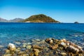 Rocky coast of the Aegean Sea in Icmeler, Turkey. Large stones.