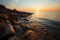 Rocky coast glow Sunset hues grace the tropical beach rocks