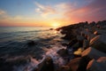 Rocky coast glow Sunset hues grace the tropical beach rocks