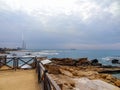 Rocky coast near the ancient Caesarea national park on the Mediterranean coastline, Israel. Royalty Free Stock Photo