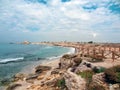 Rocky coast near the ancient Caesarea national park on the Mediterranean coastline, Israel. Royalty Free Stock Photo