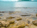 Rocky coast seascape in idylic ocean and View from the island Royalty Free Stock Photo