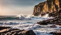 A rocky coastal cliff with crashing waves