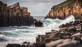 A rocky coastal cliff with crashing waves