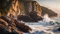 A rocky coastal cliff with crashing waves