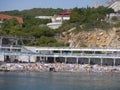 The rocky coastal line of the sea is equipped for recreation of tourists in Crimea