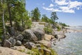 Rocky coastal view and Gulf of Finland, trees, shore and sea, Kopparnas-Storsvik recreation area