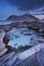 Rocky coastline on the Lofoten in northern Norway at dawn