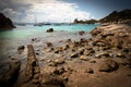 Rocky coastline with lonely beach bay Mediterranean sea ocean deep blue green water