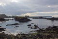 The rocky coastline overlooking Whitepark Bay to the north from Ballintoy harbor on the North Antrim coast in Northern Ireland Royalty Free Stock Photo