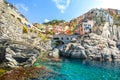 The rocky coastline and swimming bay on the Ligurian Coast of Italy at the village of Manarola, Italy, part of the Cinque Terre