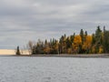 Rocky Coastline and Trees with Fall Foliage Along the Little Two Harbors on Lake Superior on a Stormy Day Royalty Free Stock Photo