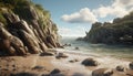 Rocky coastline, waves crash, sand meets water, tranquil summer sunset generated by AI