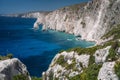 Rocky coastline of Zakynthos Island near Plakaki beach, Agalas. Ionian Sea and limestone cliffs , Greece