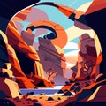 Rocky desert landscape with mountains and river, flat vector illustration. AI Generated