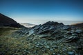 Rocky features against short grass near the peak of Mulhacen mountain