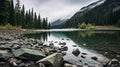 Rocky Forest On Idyllic Lake With Vancouver School Style Royalty Free Stock Photo