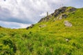 rocky formations on the steep grassy slopes of pikui mountain