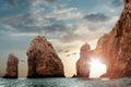 Rocky formations on a sunset background. Famous arches of Los Cabos. Mexico. Baja California Sur Royalty Free Stock Photo