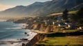 Rocky headlands and seaside village scenery with blue sky