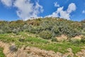 Rocky hill with a dirt road in front under a blue sky with white clouds and a modern villa on top