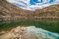 Rocky lake reflection and relaxing nature with cliffs and deep mountain lake Royalty Free Stock Photo