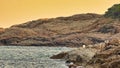 A rocky landscape against the Mediterranean Sea during golden hour Royalty Free Stock Photo