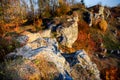 Rocky landscape during autumn. Beautiful landscape with stone, forest and fog. Misty evening autumn landscape. Landscape with rock
