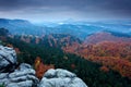 Rocky landscape during autumn. Beautiful landscape with stone, forest and fog. Sunset in Czech national park Ceske Svycarsko. Mist Royalty Free Stock Photo