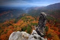 Rocky landscape during autumn. Beautiful landscape with stone, forest and fog. Sunset in Czech national park Ceske Svycarsko. Mist Royalty Free Stock Photo