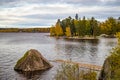 Rocky landscape autumn park Monrepos in Vyborg