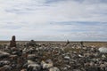 Rocky landscape strewn with tiny Inuksuit along Canada`s arctic coast