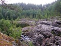 A rocky landscape with trees and rocks in the foreground. Waterfall Poor Porog, Girvas